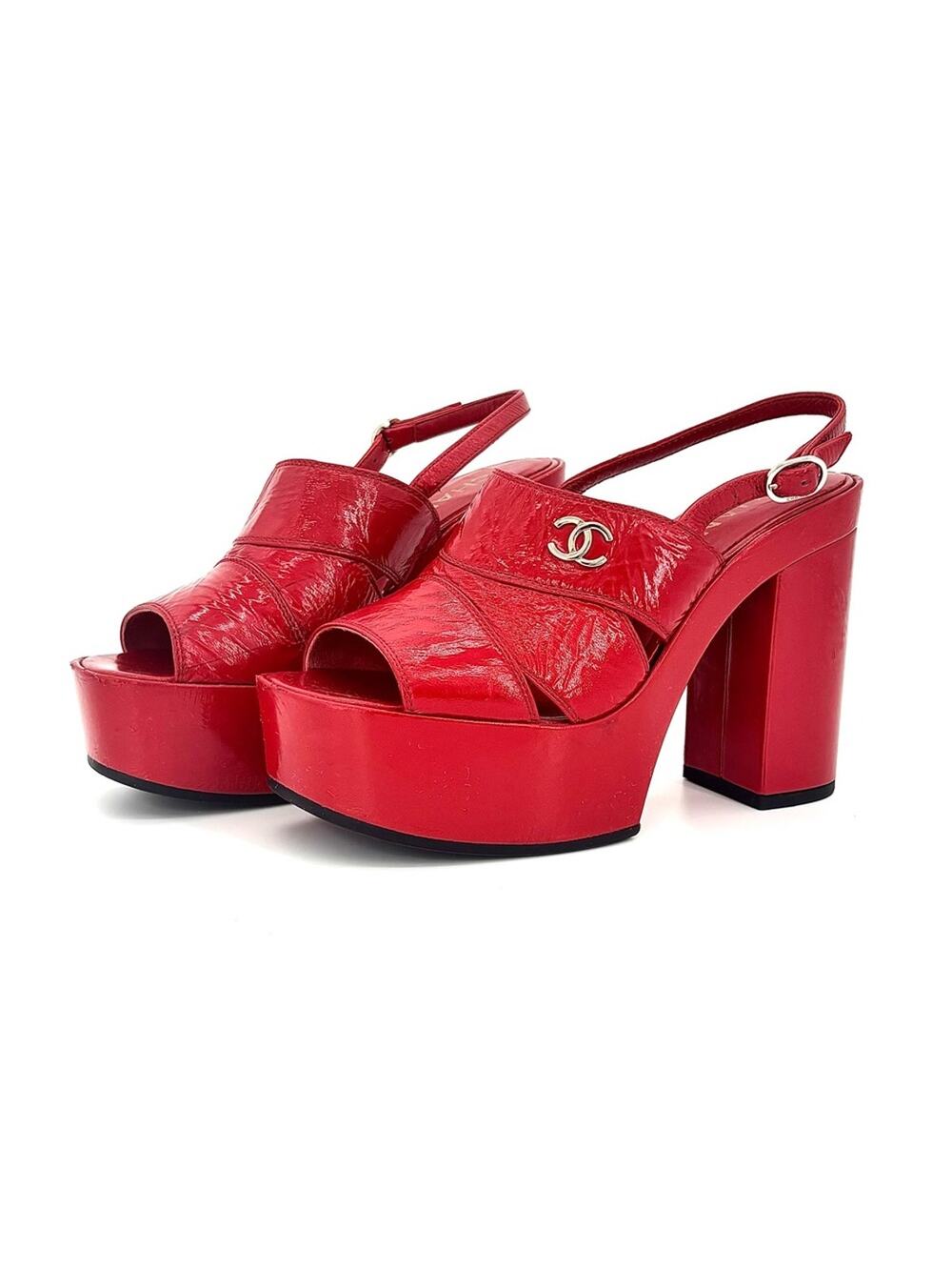Chanel Interlocking CC Crumpled Patent Lambskin Red Platform Sandals 37